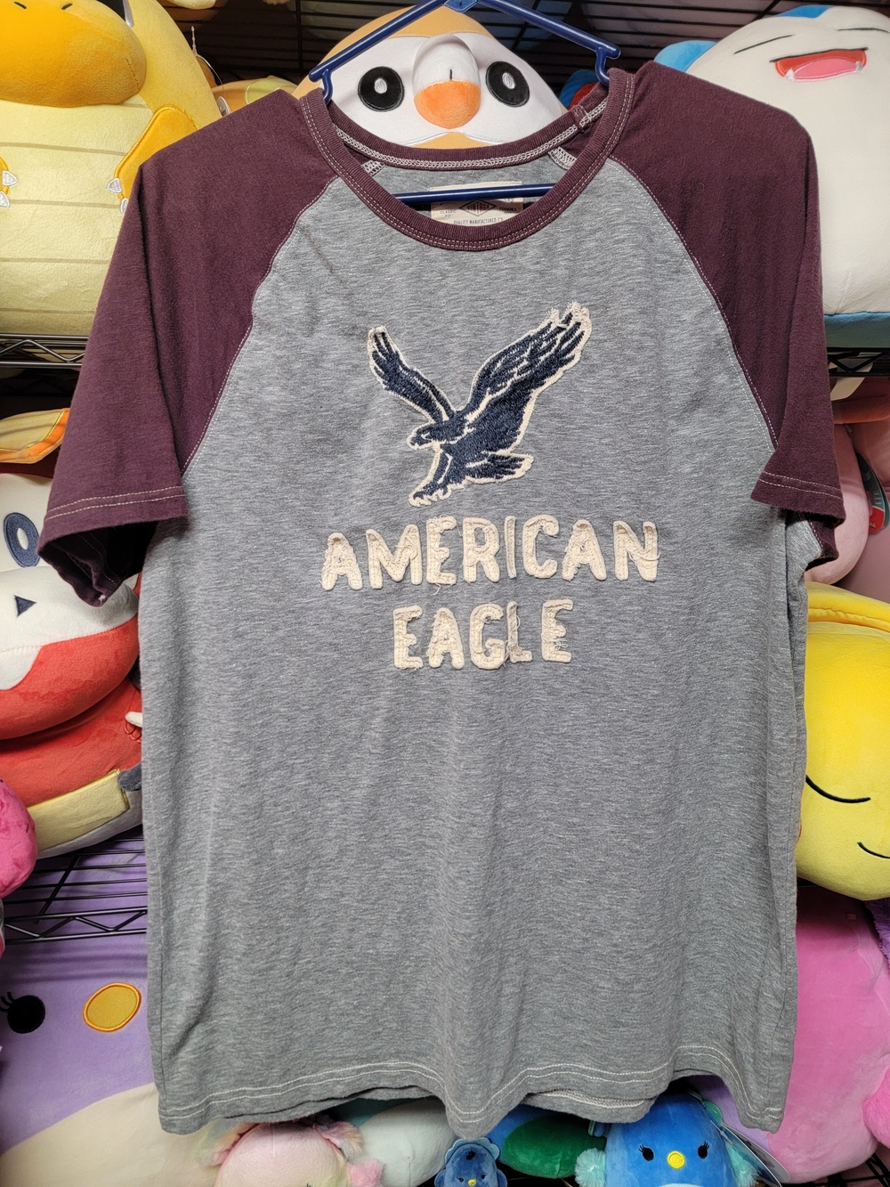 American Eagle Outfitters Grey Body Burgundy Raglan Tee with Eagle Logo